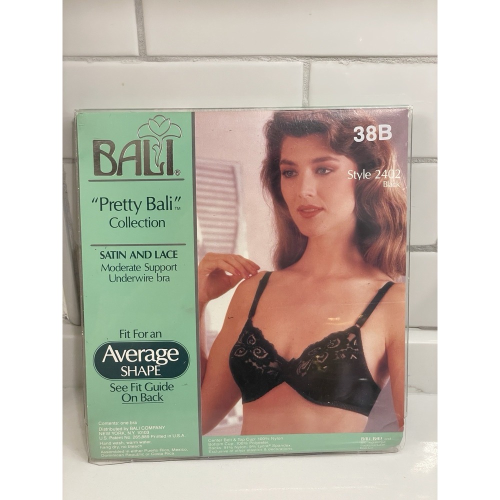 Vintage Pretty Bali Bra Women 38B Underwire Black Satin Lace 2402 New